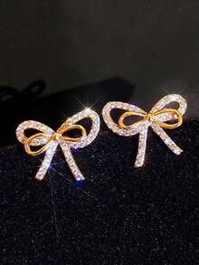 2 chiếc hoa tai đính nơ sang trọng dành cho nữ, hoa tai mạ bạc Zirconia, quà tặng tiệc sinh nhật, tốt nghiệp, trang sức cưới cho vợ bạn gái, ngày lễ tình nhân, ngày lễ tình nhân - vàng trắng 1104 - Xem 11