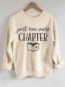 2025[Bright Pink Book Lover Sweatshirt] Soft Stretch Polyester Bright Pink "Just ONE MORE CHAPTER" Book Lover Graphic Crew Neck Sweatshirt| Casual Regular Length Pullover For Women, Autumn/Winter Casual Attire, Cozy Autumn Apparel, Playful Print, Durable FabricSoft And Breathable - 杏色 - 查看 1