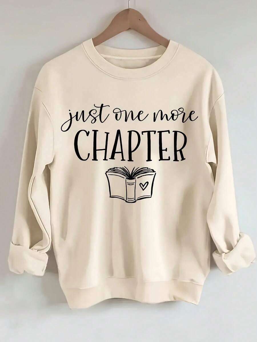 2025[Bright Pink Book Lover Sweatshirt] Soft Stretch Polyester Bright Pink "Just ONE MORE CHAPTER" Book Lover Graphic Crew Neck Sweatshirt| Casual Regular Length Pullover For Women, Autumn/Winter Casual Attire, Cozy Autumn Apparel, Playful Print, Durable FabricSoft And Breathable - 杏色 - 查看 1