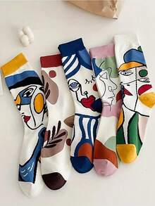 5 Pairs Of 5-Color Women's Fashionable Oil Painting Pattern Tube Socks, Breathable Cotton Casual Socks For Spring And Autumn, Moisture Wicking, Soft Abstract Illustration Socks, Facial Oil Painting Socks  Funny Dream    Spring/Fall - 彩色 - 查看 1