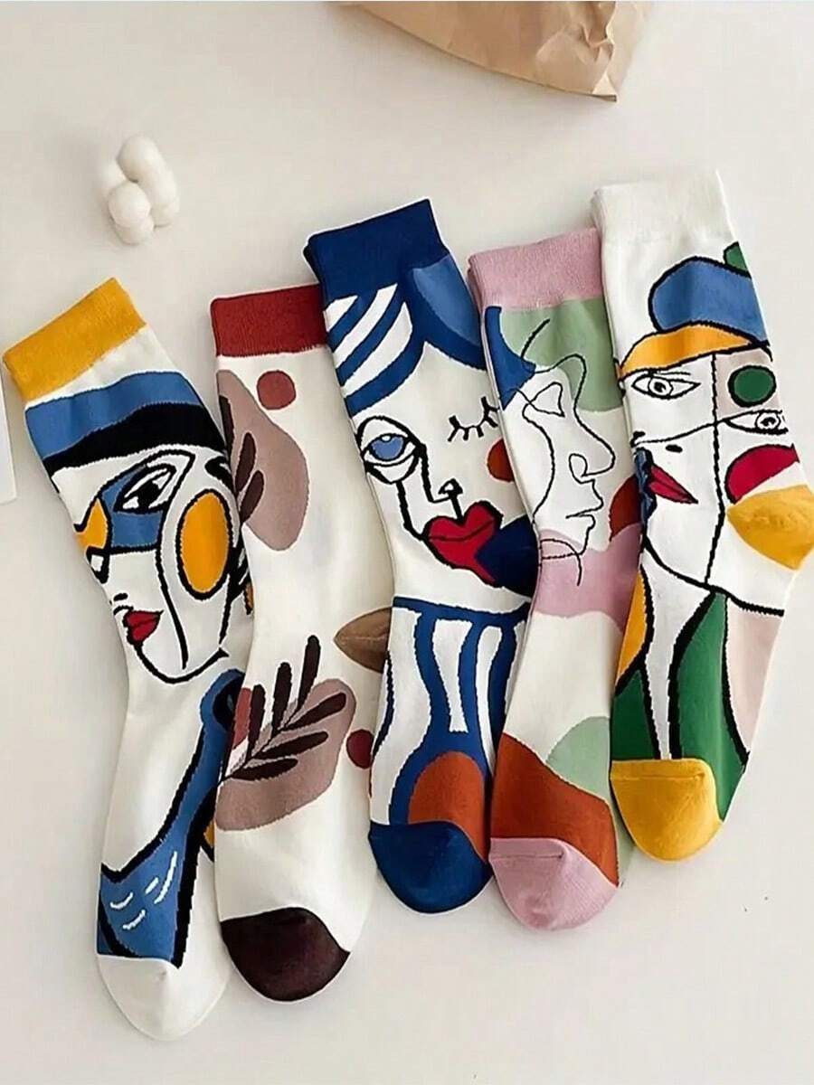 5 Pairs Of 5-Color Women's Fashionable Oil Painting Pattern Tube Socks, Breathable Cotton Casual Socks For Spring And Autumn, Moisture Wicking, Soft Abstract Illustration Socks, Facial Oil Painting Socks Funny Dream Spring/Fall - 彩色 - 查看 1