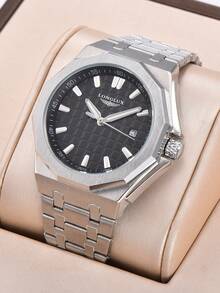 LONGLUX 1 件男士自动机械表带日历，蝴蝶扣钢带，防水，休闲简约设计 - 黑色 - 查看 3