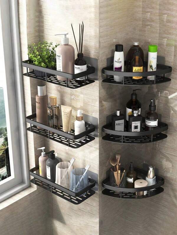 رف حمام، رف كرة الاستحمام، رف تخزين غير مثقوب للحمام والمطبخ، رف تخزين حمام غير مثقوب، رف استحمام زاوي من الحديد المصبوب - رف تخزين حمام مثبت على الحائط غير مثقوب، تصميم شبكي معدني أسود، سهل الوصول والتنظيم، مناسب لشامبو والبلسم والصابون، تخزين سوائل الحمام