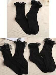 2/3/6双蝴蝶结中筒袜简约白蝴蝶结黑色蕾丝边女袜日式甜美洛丽塔蕾丝JK袜四季袜 - 彩色 - 查看 6