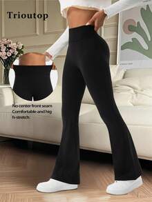 Trioutop 女士高腰喇叭裤，柔软瑜伽裤，收腹提臀，弹力休闲裤，日常穿着 | 女装，女士打底裤，冬季裤装，冬季打底裤，冬季下装 - 黑色 - 查看 1