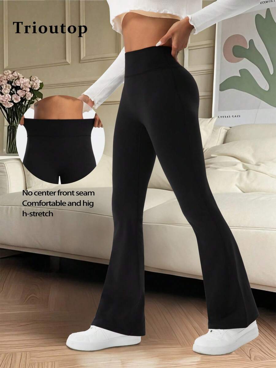 Trioutop 女士高腰喇叭裤，柔软瑜伽裤，收腹提臀，弹力休闲裤，日常穿着 | 女装，女士打底裤，冬季裤装，冬季打底裤，冬季下装 - 黑色 - 查看 1