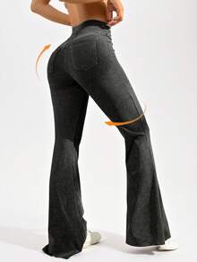 SHEIN Sports Women High Waist Flared Jeans Style Yoga Pants, With Pockets For Workout Running Fitness Commute, Butt Lifting (Random Distressed Effect) - Black - View 2