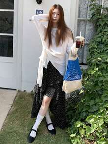 不对称花卉图案高腰A字裙，荷叶边裙摆 - 黑色 - 查看 4