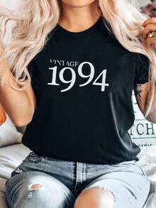 women t-shirt print Vintage 1994 Shirt, Cute Birthday Shirt, Born in 1994 Shirt, Birthday Outfit, Womens Clothing, Birthday Party, 30th Birthday Gift For Her Print Round Neck Short Sleeve women Summer Unisex designer clothes Slightly Top For Everyday Wear Breathable - Negro - Ver 1