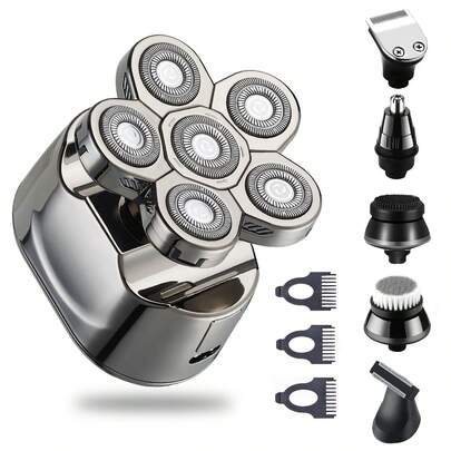 1pc USB Rechargeable 6-In-1 Electric Shaver, Bald Head Trimmer, Razor, 6-Blade Grooming Kit