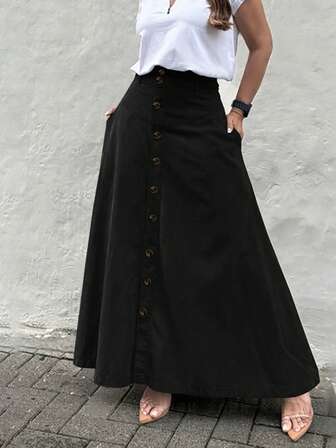 Falda midi de corte evasé de cintura alta de unicolor elegante para mujer con bolsillos y abertura delantera con botones, de moda y práctica, adecuada para primavera, verano, otoño e invierno