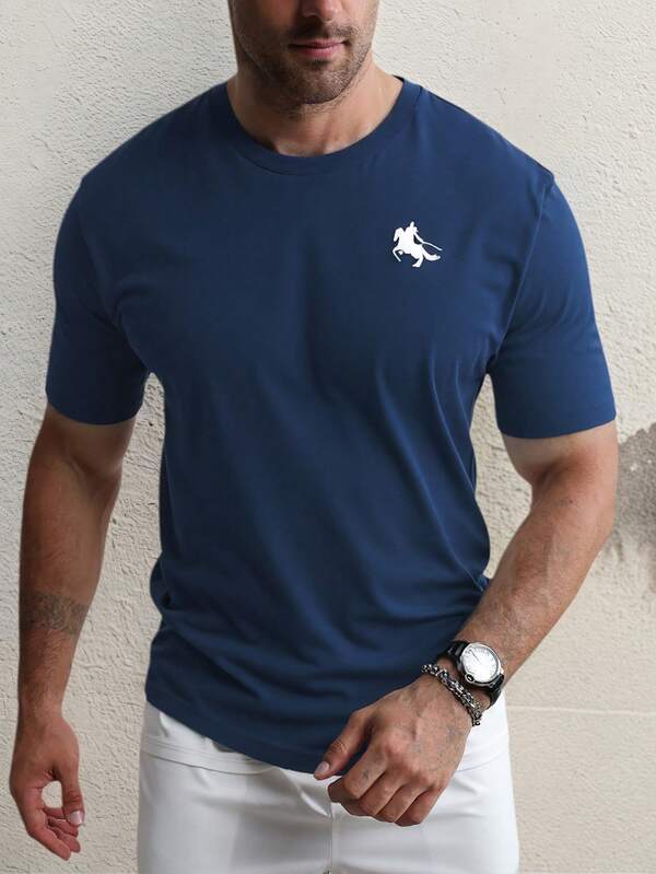 Camiseta de manga corta casual de cuello redondo con estampado de caballero para hombres, apta para viaje/vacaciones/camping al aire libre/deportes, se puede combinar con pantalones casuales