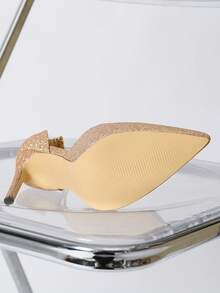 Giày cao gót mũi nhọn nữ mùa Xuân/Hè chất liệu bóng, đính dây xích, màu sâm panh, thiết kế mới năm 2025. - Rượu sâm banh - Xem 7