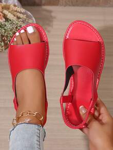 Women's Fashion Summer Solid Color Open Toe Sandals - Brown And Black, Flat, Peep Toe, Rubber Sole, Comfortable Casual Shoes, Fashionable Slip-On Sandals - Red - View 7