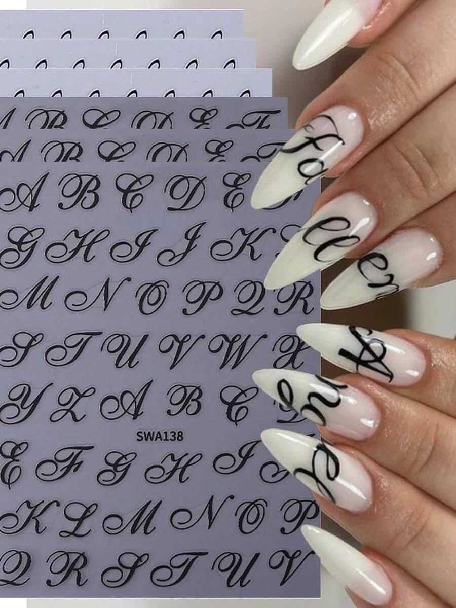 Retro English Letter Pattern 3D Nail Stickers, 3D Black Gothic Letter Nail Stickers, Fashionable And Romantic English Word Alphabet Character Symbol Design DIY Stickers, Y2K Self-Adhesive Slide Nail Decoration, Y2K Self-Adhesive Slide Nail Decoration Accessories