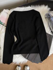 Autumn/Winter College Style 2 In 1 Knitted Sweater Women, Polo Collar Vintage Color Block Pullover Top