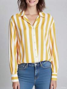 Top Elegante Feminina JOVI SHEEN, Estilo Básico de Escritório Feminino, Camisa de Manga Longa com Listras, Laço Pontudo e Botões, Top Amarela Feminina, Camisa, Uso Diário de Escritório no Outono, Adequada para as Quatro Estações