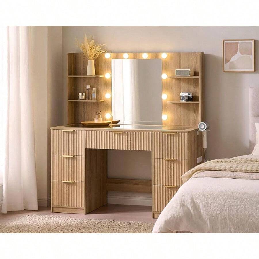 Makeup Vanity Desk 47.2 Inch With Mirror, Adjustable LED Lighting, And Charging Station, Large Fluted Vanity With 7 Drawers And Glass Top For Bedroom, Dorm, Or Dressing Area - Xem 1