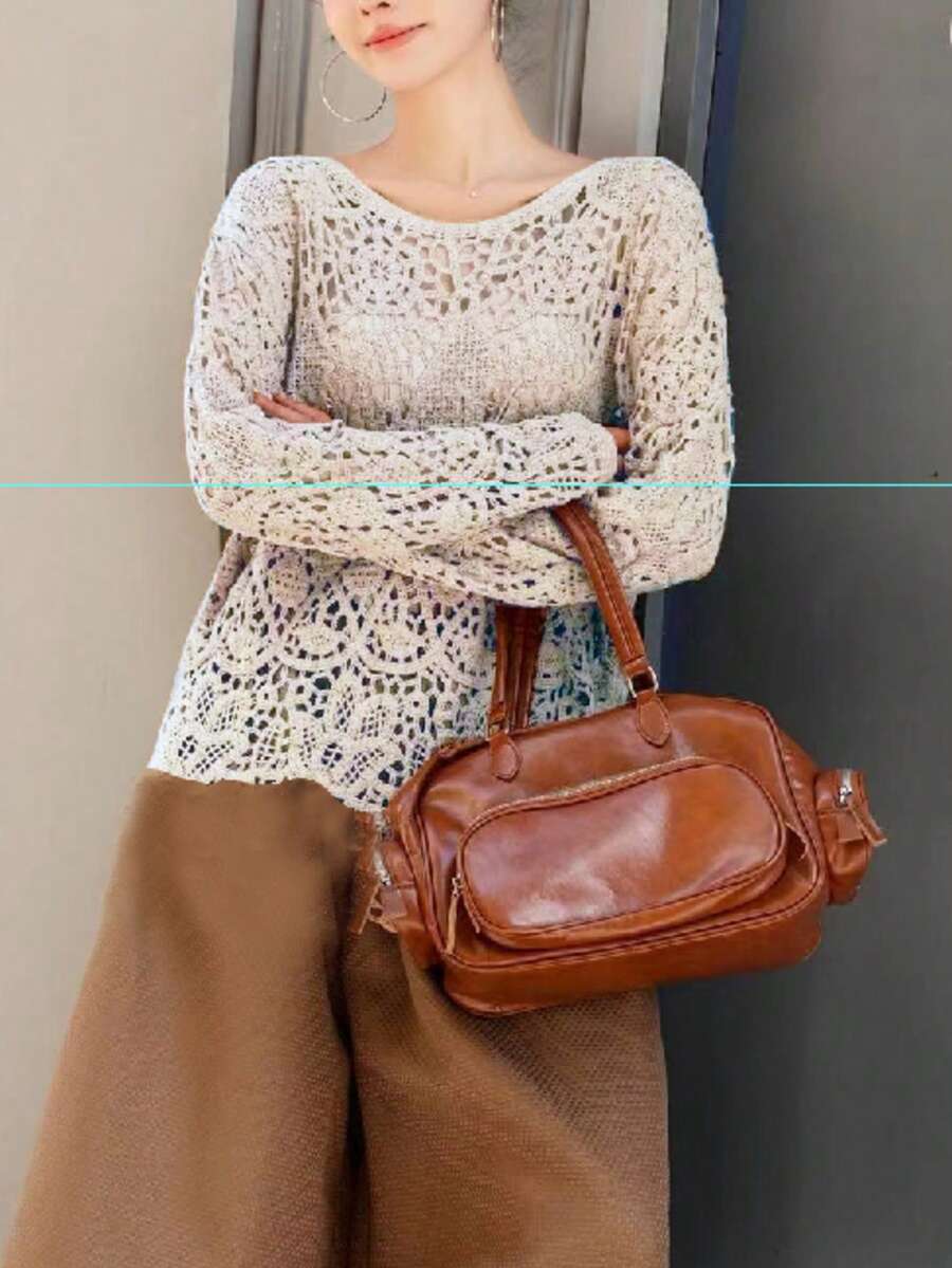 Novo suéter de crochê feminino, manga comprida, decote profundo, blusa solta e versátil, casual