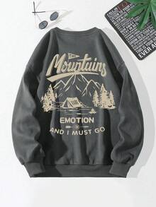 Men's Casual Crew Neck Sweatshirt, Landscape Artwork Outdoor Mountain Tent Pattern Street Style Sweatshirt, For Fall, Long Sleeve Top - Dark Grey - View 5