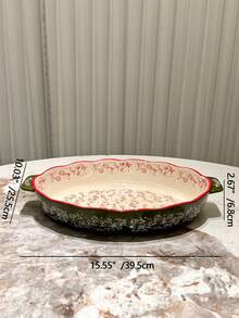 Vintage Handpainted Ceramic Bakeware Pan With Handle, Kitchen Cookware, For Oven & Microwave, Suitable For Salad, Grilling, Baking, Dessert & Pizza Making - Olive Green - View 15