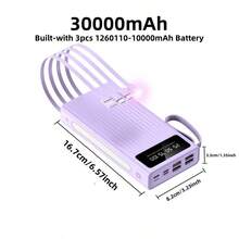 Pin dự phòng sạc nhanh di động dung lượng siêu lớn 10000/20000/30000mAh 5V2A, Bộ sạc phong cách tối giản cho doanh nhân, thiết kế cao cấp, tích hợp 4 dây cáp, đèn cắm trại siêu sáng 4 chế độ, vật dụng du lịch không thể thiếu, dành cho iPhone 6 7 8 X XR 11 12 13 14 15 16 Pro Max dành cho iPad, điện thoại Android, quà tặng cho gia đình, bạn bè, trẻ em, sinh nhật, giáng sinh, mùa đông, tối Thích hợp cho vui chơi ngoài trời, mua sắm, du lịch, nguồn điện di động Sạc siêu nhanh, màn hình hiển thị nguồn LED, bộ sạc di động cho thiết bị Android và iPhone có cổng USB và Type-C, pin lithium polymer an toàn và ổn định. Sạc siêu nhanh, màn hình hiển thị nguồn LED, bộ sạc di động cho thiết bị Android và iPhone có cổng USB và Type-C, pin lithium polymer an toàn và ổn định Thích hợp cho vui chơi ngoài trời, mua sắm, du lịch, nguồn điện di động cho Apple iPhone, iPad, điện thoại Android, quà tặng cho gia đình, bạn bè, sinh nhật, giáng sinh, mùa đông - Màu tím - Xem 10