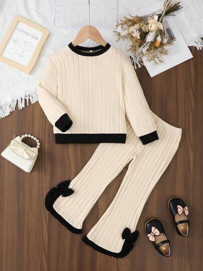 2 piezas Conjunto de top de manga larga y pantalones de patchwork cepillado para niña, otoño