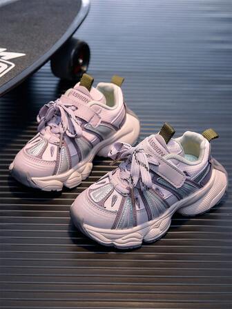 1 par lila barnskor i casual-stil, ventilerande meshtyg, bekväm och trendig tejpstängning, lämplig för vår/sommar, höst/vinter, småbarns-/barnskor