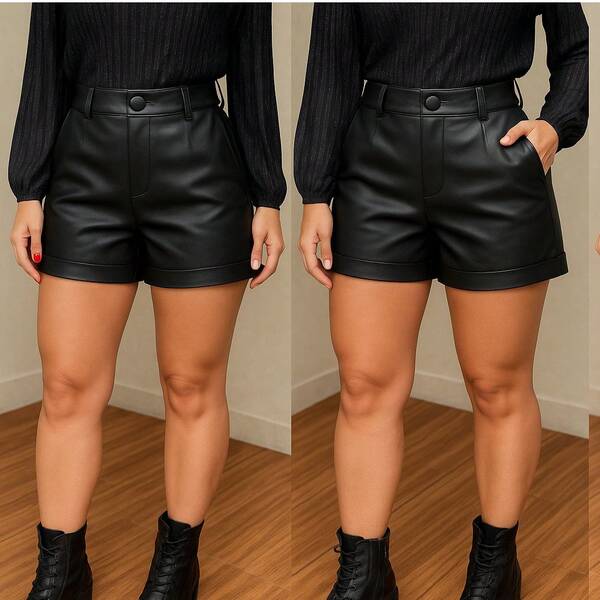 Short Couro Feminino Básico Cintura Alta