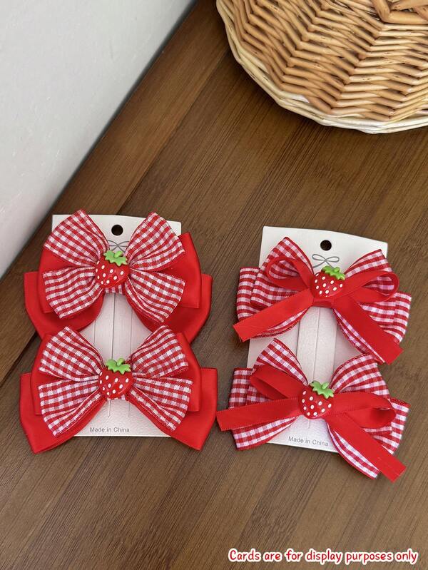 2pcs/Set Women's Casual Elegant Sweet Cute Girly Striped Plaid Ribbon Strawberry Accessories Bow Hair Clip Metal Duck Clip, Suitable For Daily Commute Outfit, Holiday Party, Birthday, Shopping, Travel, Photography, Any Occasion, Great Gift For Best Friend, Claw Clips
