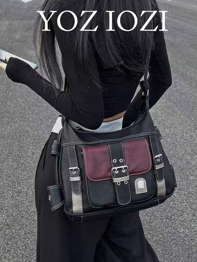 Retro Y2K Soft Leather Motorcycle Tote Bag, Personalized Commuter Casual Shoulder Crossbody Bag For Women, New Colorblock Design