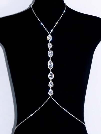 STONEFANS 1pc Adjustable Size European & American Style Blue Crystal Water Drop Pendant Necklace, Rhinestone Sexy Body Chain Waist Chain, Fashionable Party Accessory