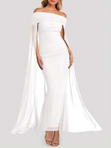 SEBOWEL Off The Shoulder With Mesh Cloak Cape Solid Slim Dress Women Elegant Ruched Bodycon Evening Club Party Cocktail Wedding Formal Dresses Robe - trắng - Xem 2