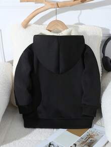 Young Girl Letter Print Fleece Zip-Up Hooded Jacket With Pockets, Suitable For Autumn And Winter. This Jacket Is Suitable, Going To School, As Well As Casual Wear At Home. - Black - View 2