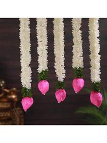 6pcs Diwali Jasmine Hanging Decorations (With Lotus Buds) - Artificial Jasmine Garlands, Elegant White Design, Suitable For Placement On Mantelpieces, Dining Tables & Wall Decoration, Diwali Decorations, Durable Material, Long-Lasting Fragrance - The Ideal Gift For Diwali Celebrations Or Luxurious Family Living