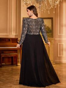 UNITHORSE V-Neck Princess Long Sleeve Pleated Glitter Splice Chiffon Party Evening Dress - Black - View 2