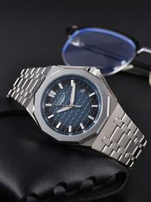 LONGLUX 1pc Men's Automatic Mechanical Watch With Calendar, Butterfly Buckle Steel Strap, Waterproof, Casual & Minimalist - Blue - View 5