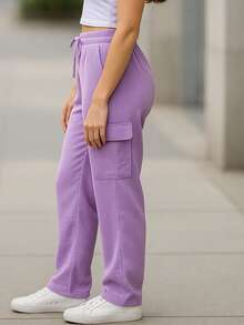 Pantalón Cargo Mujer de Pana con Cintura Elástica y Bolsillos Laterales - Lila Púrpura - Ver 3
