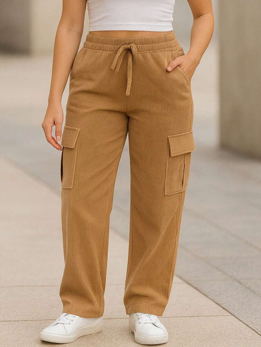 Pantalón Cargo Mujer de Pana con Cintura Elástica y Bolsillos Laterales - Camel - Ver 1