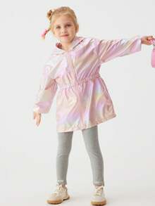 1pc Young Girl Casual Iridescent Hooded Spring/Autumn Jacket, Fashionable Mid-Length Unisex Bomber Coat, Versatile Outerwear