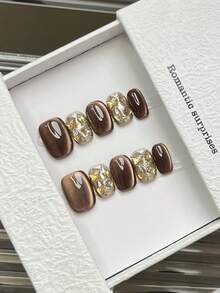 10 piezas de uñas postizas cuadradas hechas a mano, uñas marrones deslumbrantes con efecto de ojo de gato, con gemas de diamante y piedras en forma de estrella incrustadas, con polvo brillante, de estilo lujoso y elegante, adecuadas para fiestas, uso diario y citas, aptas para vacaciones en la playa y tropicales, reutilizables, como regalo para mujeres y niñas, suministros de uñas - Marrón - Ver 12