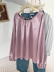 Plus Size Women Solid Color Crew Neck Backless Tie Casual Commuter Blouse, Suitable For Autumn/Winter Office Wear