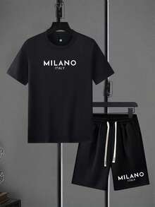 2 Stücke/Set Herren Sommer Kurzarm T-Shirt und Shorts Set, Buchstabengrafik Muster, modisch-lässiger Outfit mit Taschen und Kordelzug-Taille, geeignet für den Pendlerverkehr, Streetwear, Geschenke für Ehemann/Freund - Schwarz - Übersicht 2