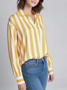 Top Elegante Feminina JOVI SHEEN, Estilo Básico de Escritório Feminino, Camisa de Manga Longa com Listras, Laço Pontudo e Botões, Top Amarela Feminina, Camisa, Uso Diário de Escritório no Outono, Adequada para as Quatro Estações