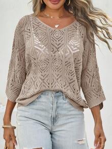 Women Crochet Hollow Out Cover Up Top Off Shoulder 3/4 Sleeve Lightweight Mesh Boho Summer Beachwear - Khaki - View 3