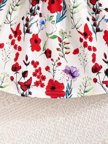 2 件套女婴秋季长袖荷叶边上衣和无袖圆领花卉印花蝴蝶结连衣裙休闲可爱服装适合户外/度假 - 紅色 - 查看 5