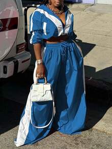 HERTALK Women's Two-Piece Colorblock Tracksuit Set Zippered Sweatshirt High-Waisted Wide-Leg Pants With Pockets Fall Clothes For Women - 藍色 - 查看 3