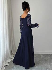 LilyHouse Women's Elegant Casual Long Sleeve Waist Cinched Dress With Floral Applique, Suitable For Dates, Parties, Weddings, Valentine's Day