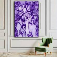1幅现代紫色蝴蝶女子肖像帆布墙画，适用于卧室、客厅、办公室，不含画框 - 紫色 - 查看 5