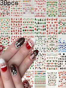 30 张圣诞美甲贴纸，30 件 3D 闪光自粘雪花雪人驯鹿铃铛指甲贴花，冬季指甲贴纸圣诞节圣诞树指甲装饰美甲用品 - 彩色的 - 查看 1